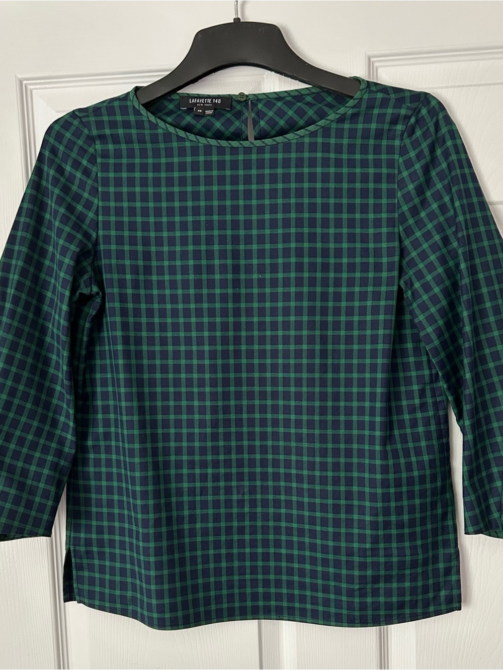 NWOT LAFAYETTE 148 GREEN/NAVY PLAID BOXY TOP